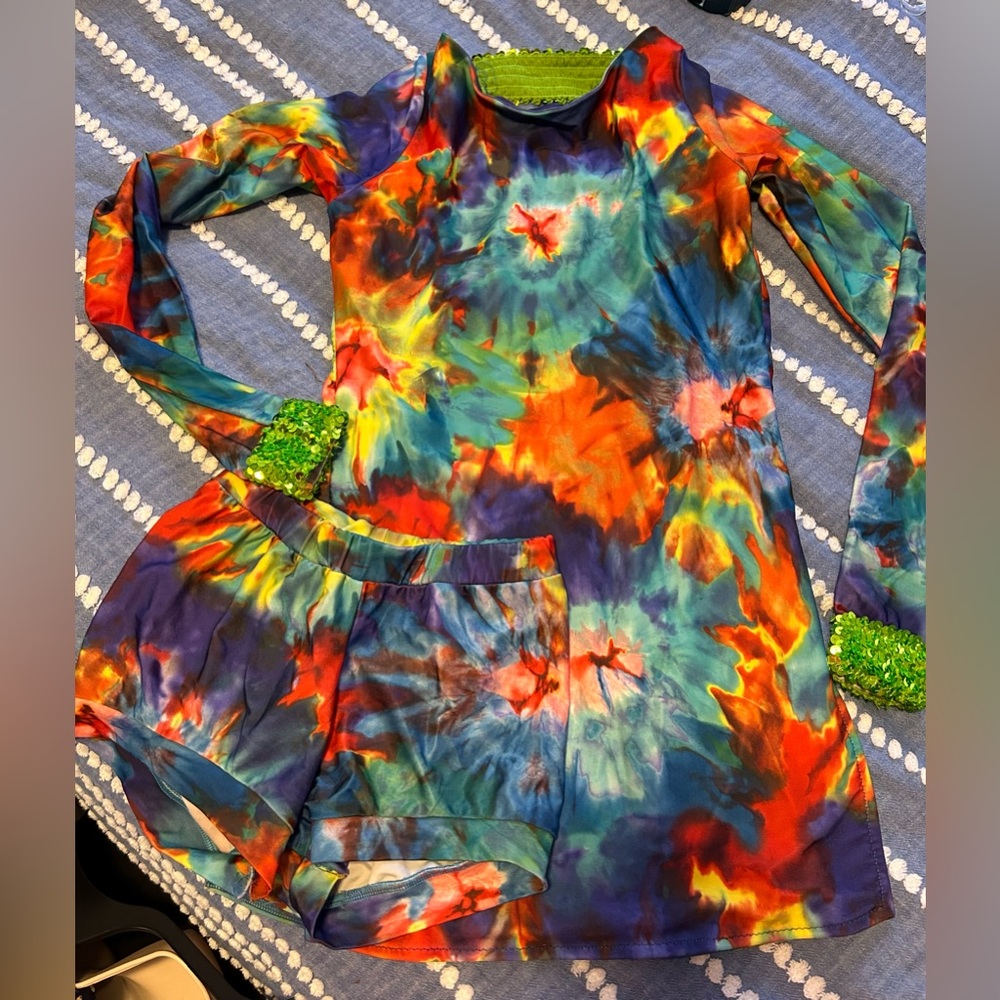60's Tie Dye with Sequin Detail Dance PERFORMANCE Dress & Shorts 12-14